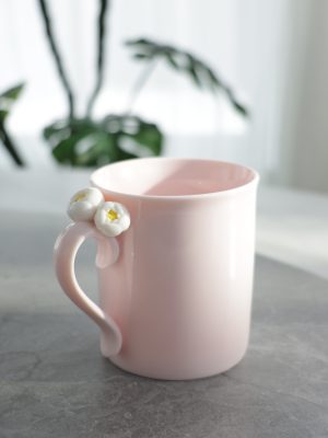 Pink Porcelain Mug with Handmade Floral Handle – Porcelain Tea or Coffee Cup
