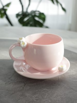Hand-Molded Flower Fine white porcelain Cup & Saucer-Light Pink