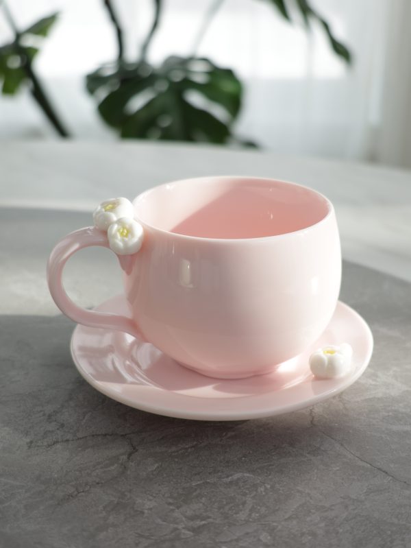 IMG_1886 Hand-Molded Flower Fine white porcelain Cup & Saucer-Light Pink