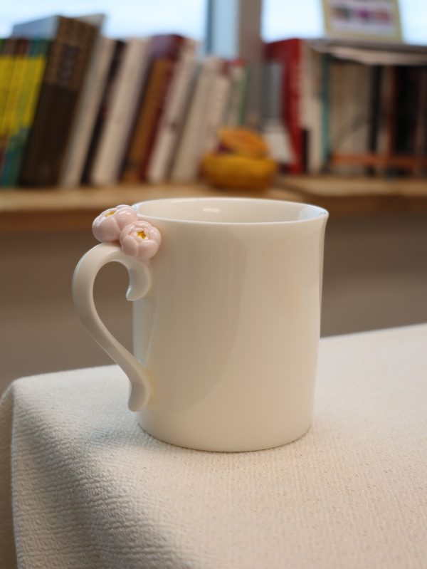 White Porcelain Mug with Handmade Floral Handle – Porcelain Tea or Coffee Cup