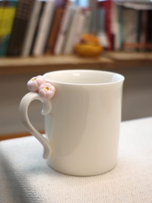 White Porcelain Mug with Handmade Floral Handle – Porcelain Tea or Coffee Cup