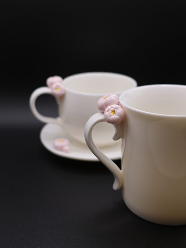 White Porcelain Mug with Handmade Floral Handle – Porcelain Tea or Coffee Cup