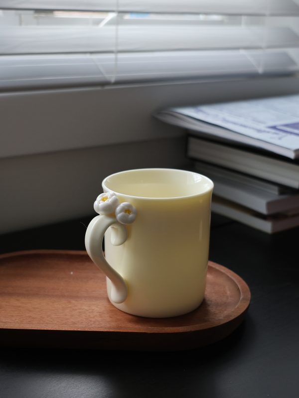 Yellow Porcelain Mug with Handmade Floral Handle – Porcelain Tea or Coffee Cup