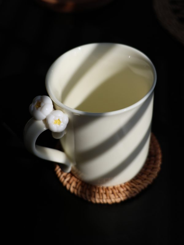 Yellow Porcelain Mug with Handmade Floral Handle – Porcelain Tea or Coffee Cup