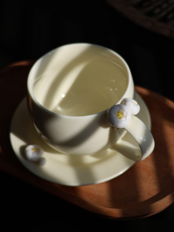 Hand-Molded Flower Fine white porcelain Cup & Saucer-Light Yellow