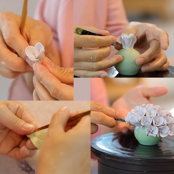 A collage showing the artisan process of hand-pinching delicate porcelain petals and shaping flower blooms, representing the 1380°C handcrafted excellence of Home Is Home.